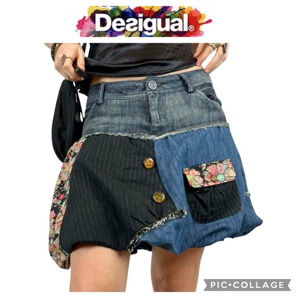 DESIGUAL DENIM PATCHWORK BALLOON SKIRT size 36 / medium NWT €74 - Picture 1 of 12